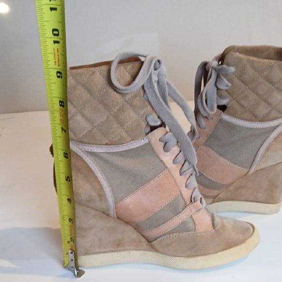 🤎 Chloé Kasia Suede Leather Canvas Tan Wedge Sneakers Size 39 Quiet Luxury - Picture 12 of 16